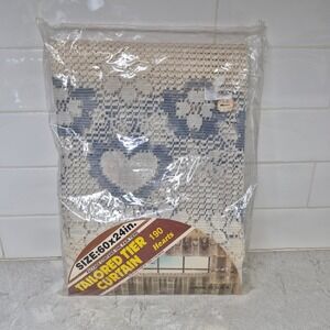 Kmart Tailored Tier Curtain Vintage Lace Hearts 60x24 Blue Cream